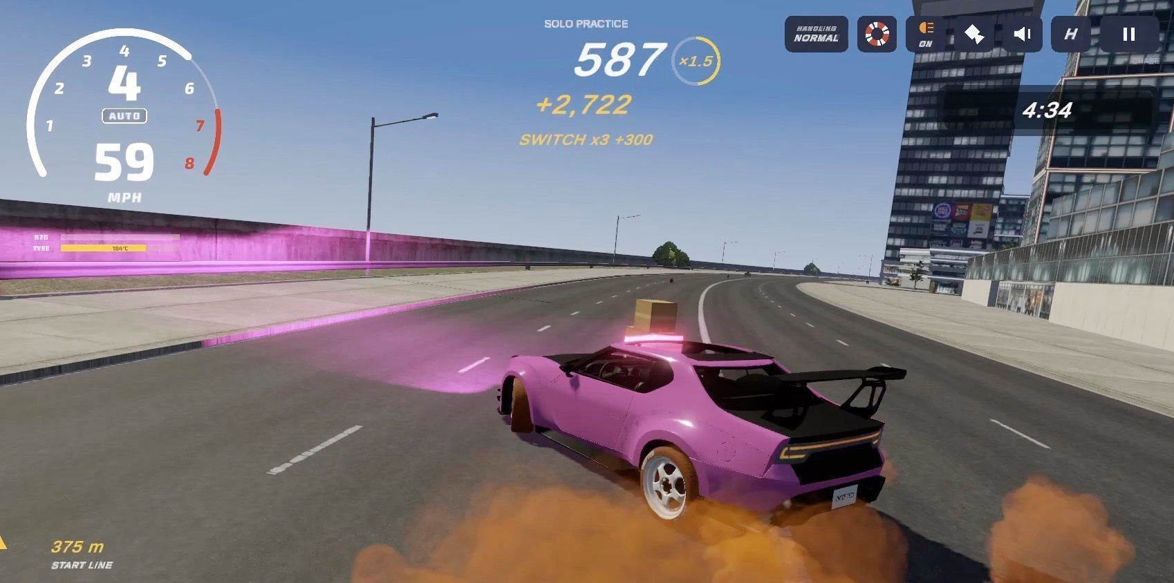 A pink drift car kicking up orange smoke on a city road