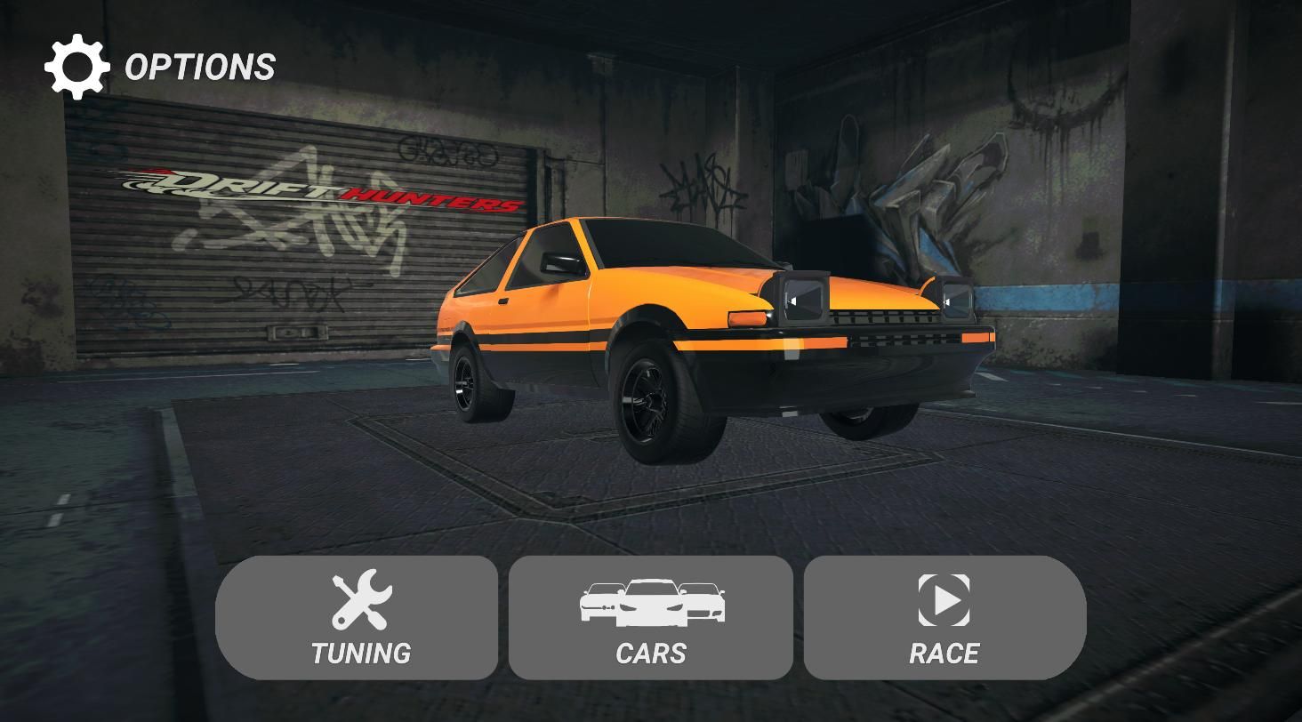 The AE86 in the Drifted Game garage, resprayed in bright orange