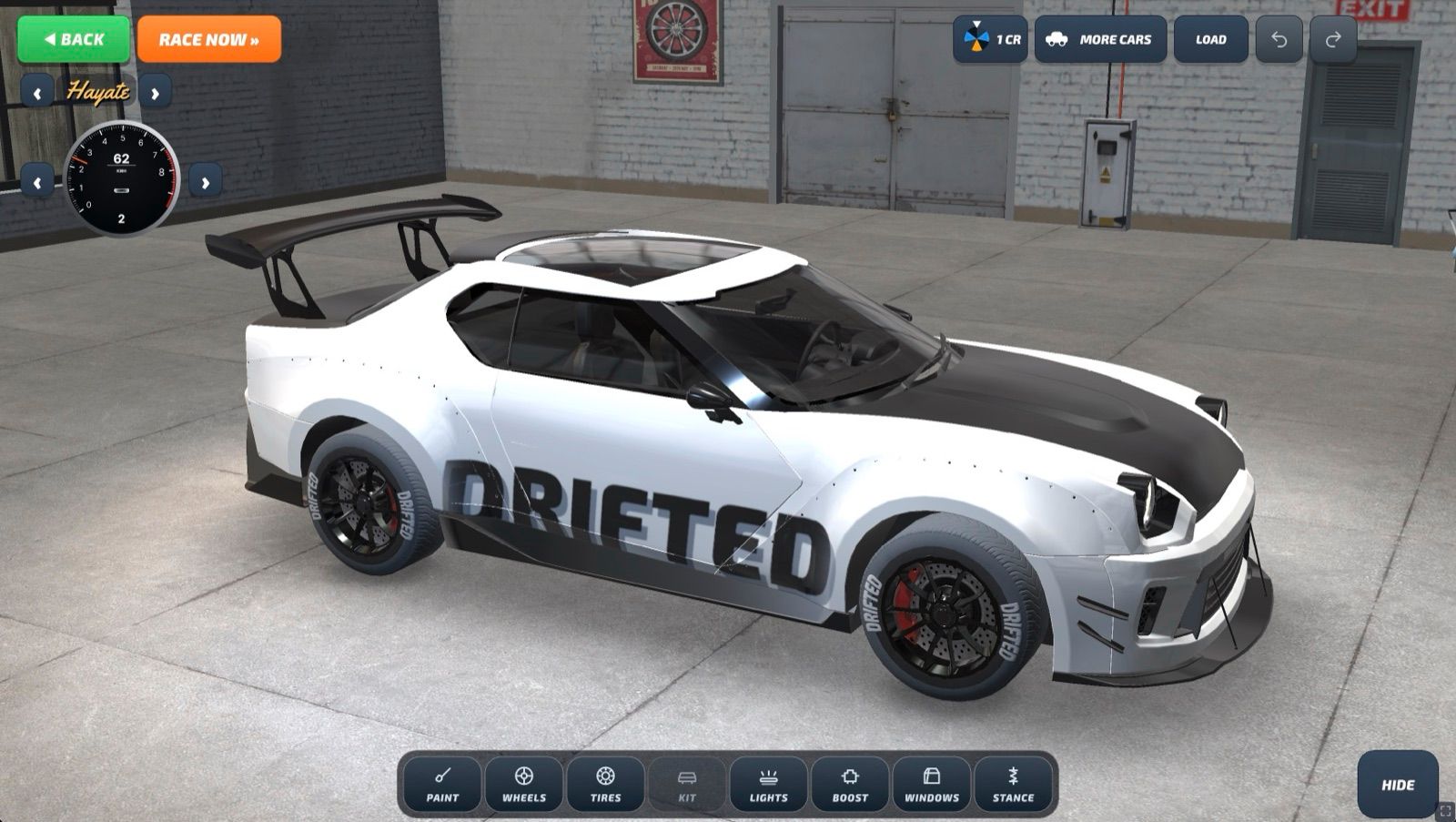 A white drift car parked in a brick garage with the customisation menu open