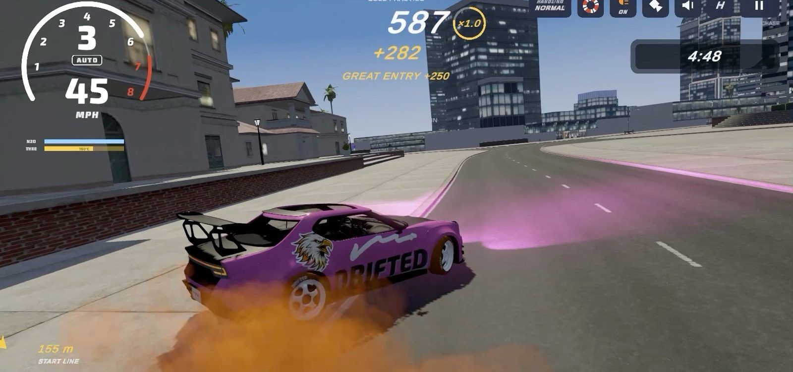 A pink drift car sliding through orange tyre smoke on a city street