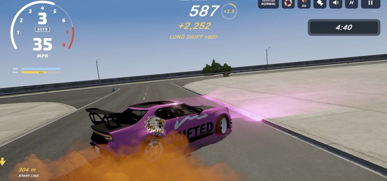 A pink car drifting through smoke on a wide open road