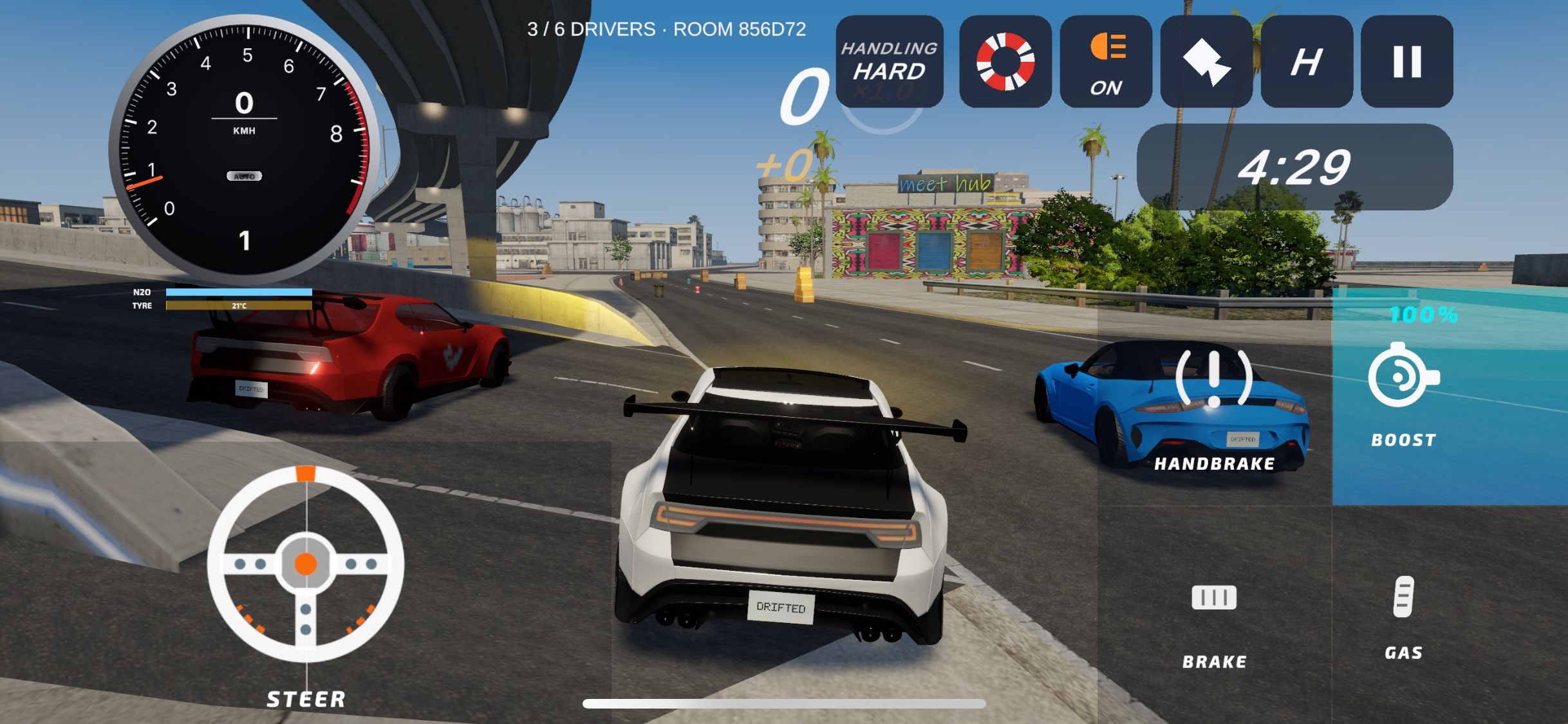 Three cars in an online room for six: a white drift car seen from behind, with a red car and a blue car alongside it under a city overpass