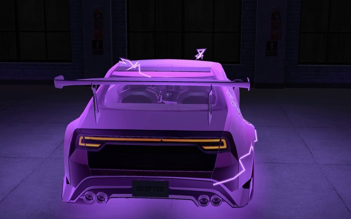 Rear view of a car glowing purple with a lightning boost effect