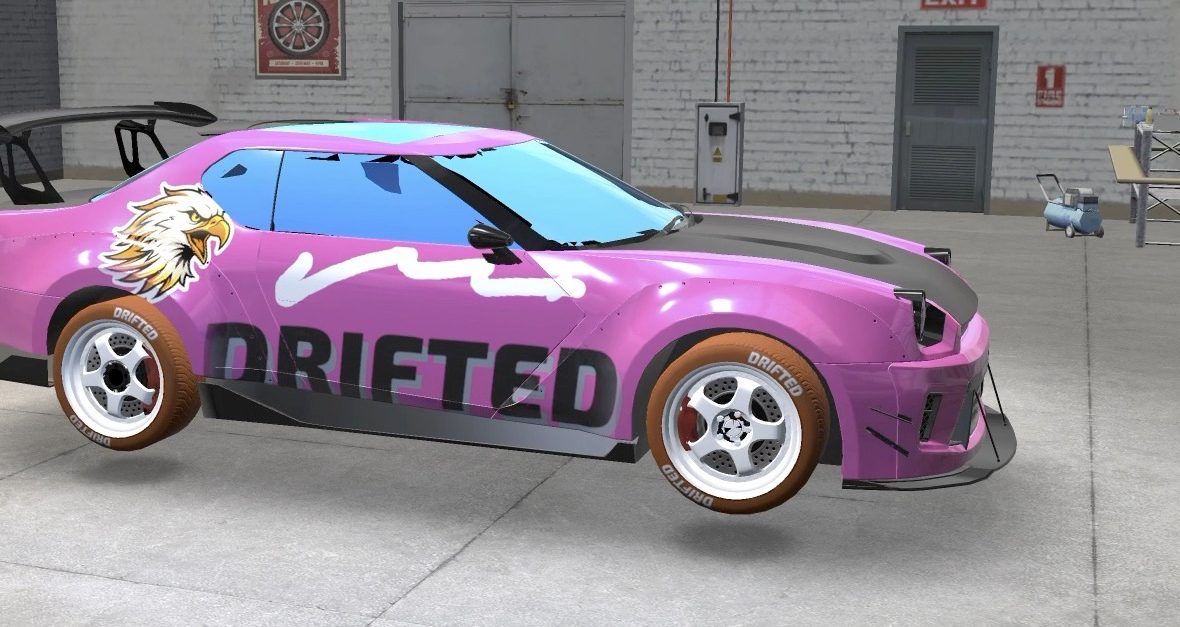 A pink car with blue tinted windows in the garage